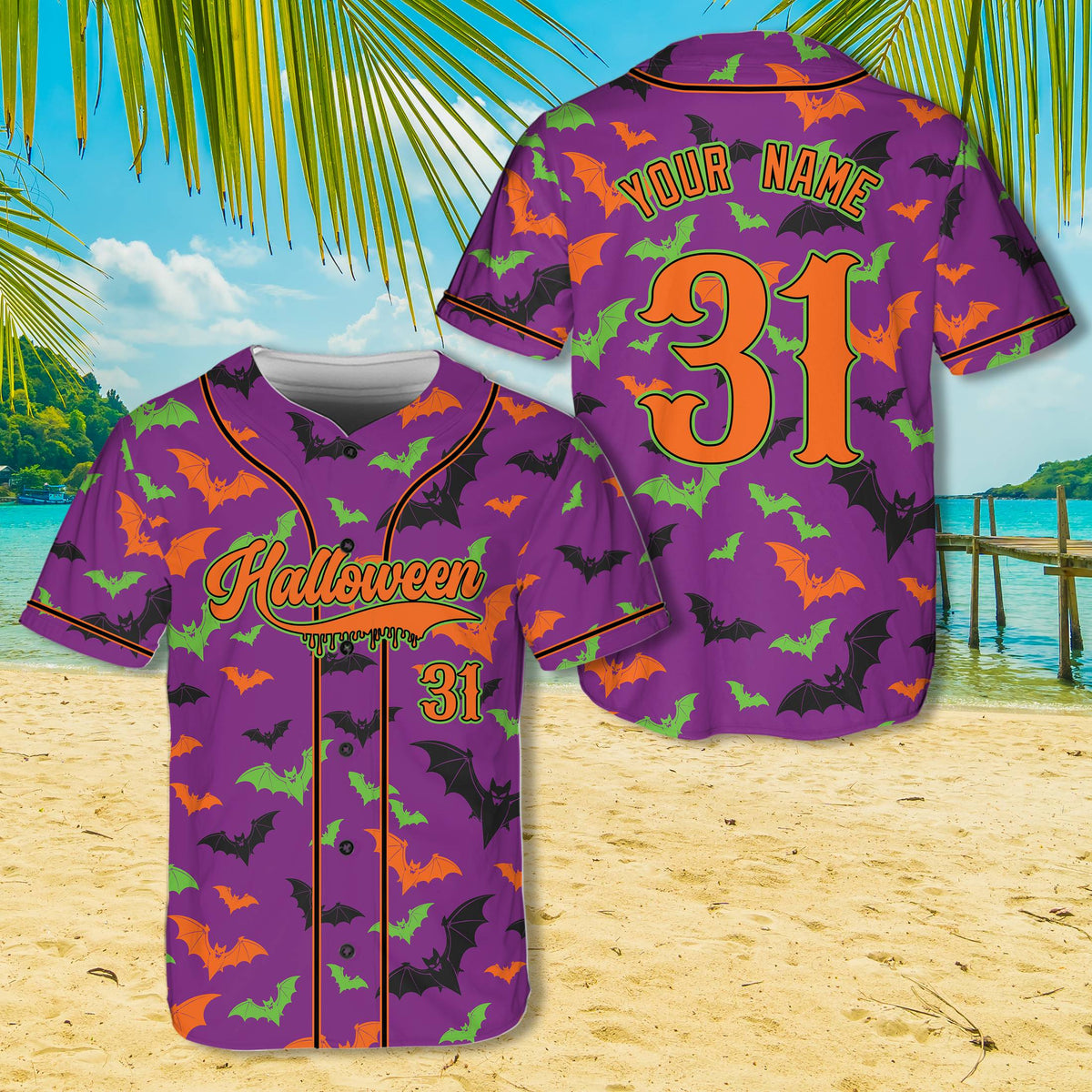 Personalized purple halloween baseball jersey, front view