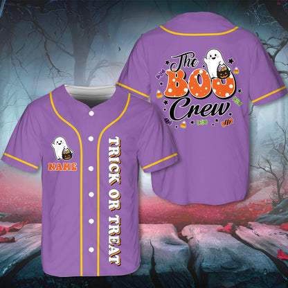 Personalized purple Halloween baseball jersey with custom name, front view