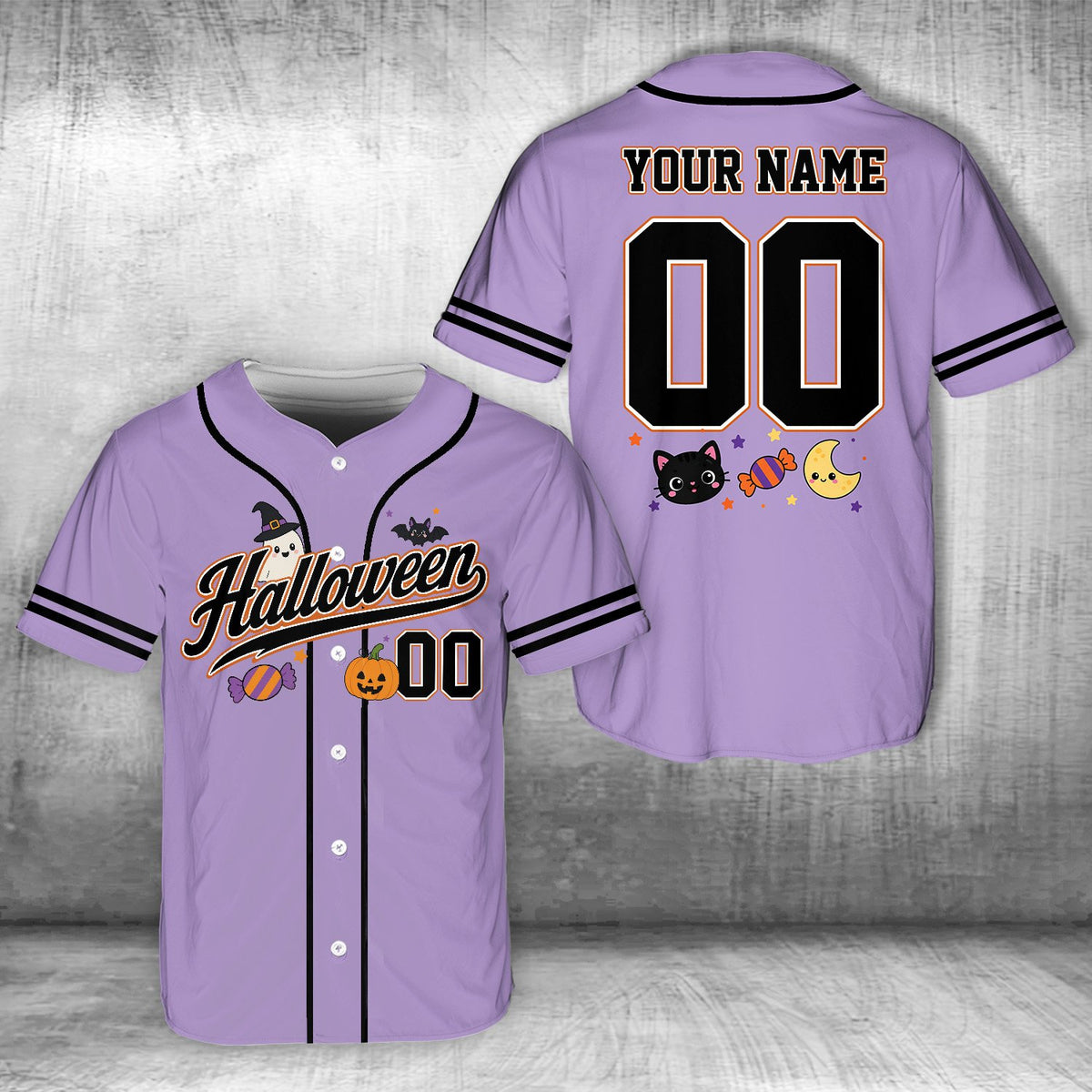 Purple halloween baseball jersey with ghost and bat details, front view