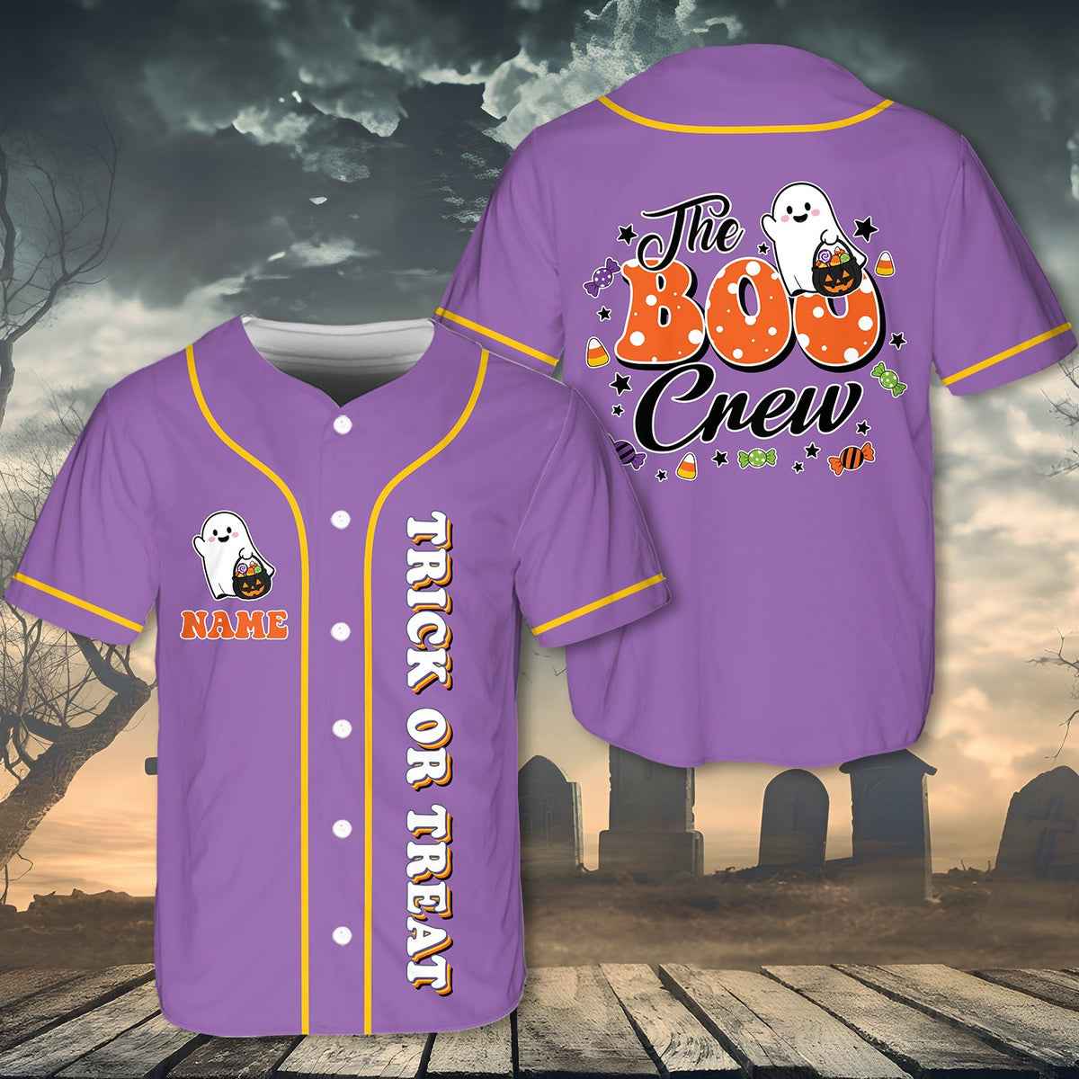 Personalized purple Halloween baseball jersey with ghost and trick or treat text, front view 2