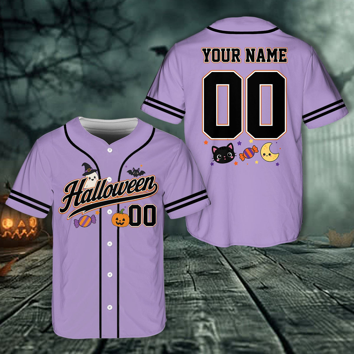 Alternative purple custom baseball jersey with playful halloween graphics, front view