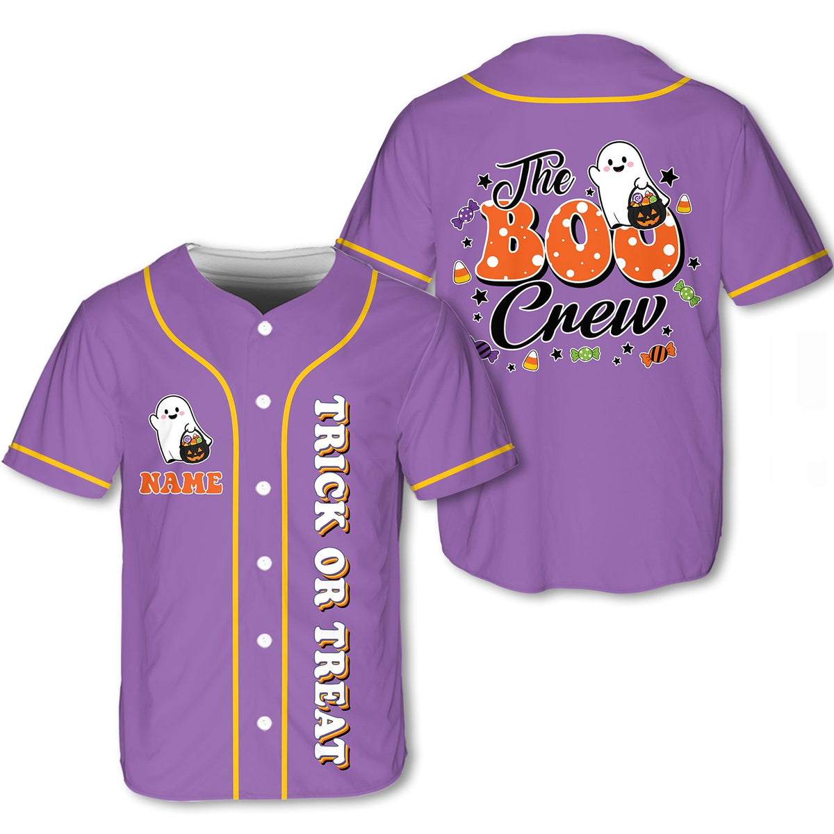 Personalized purple Halloween baseball jersey with custom name, front view 3