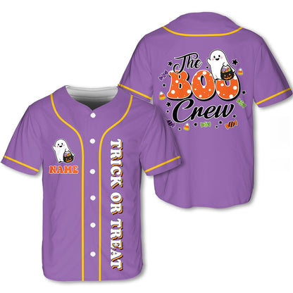 Personalized purple Halloween baseball jersey with custom name, front view 3