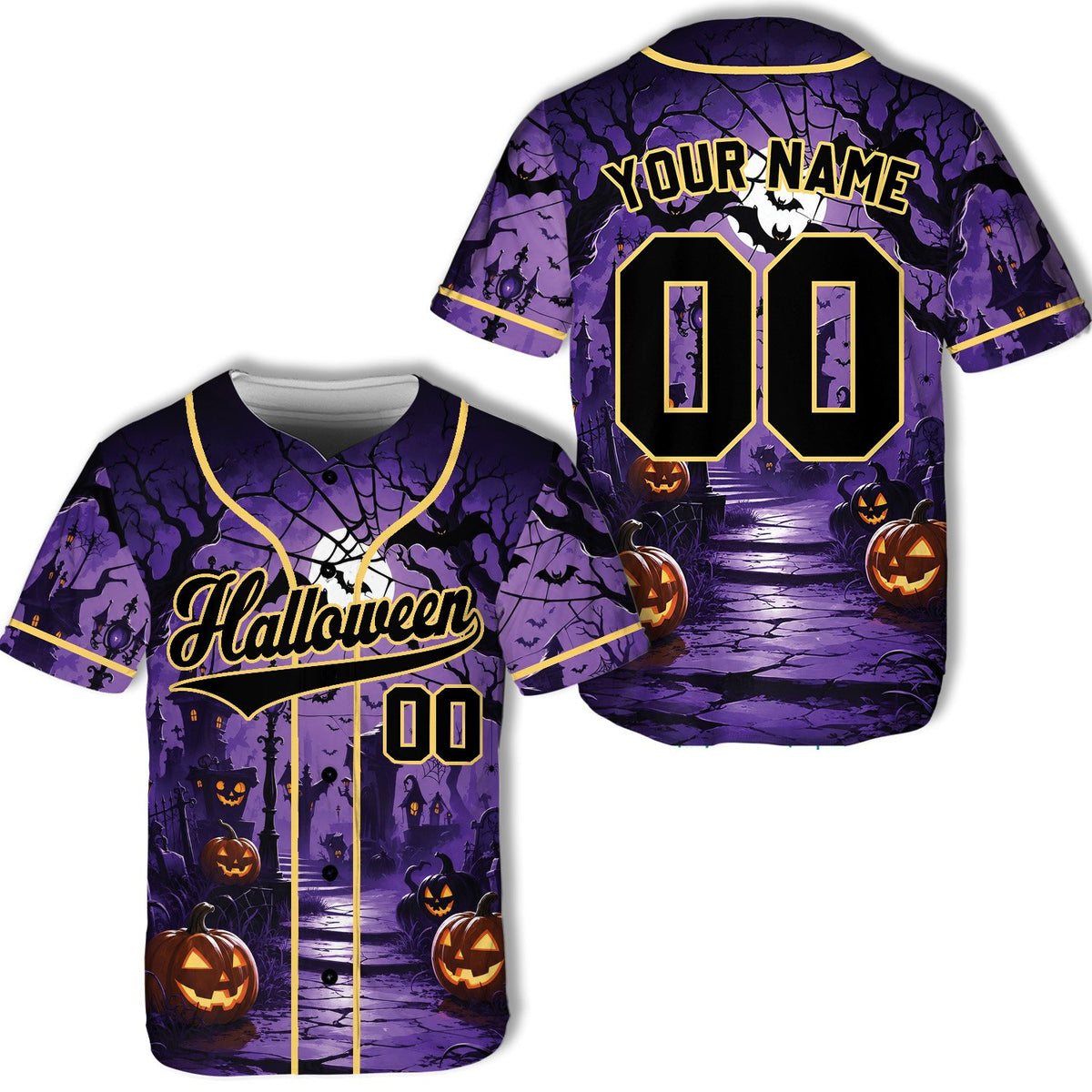 Front view of the personalized halloween baseball jersey in purple