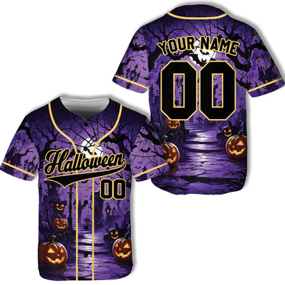 Front view of the personalized halloween baseball jersey in purple