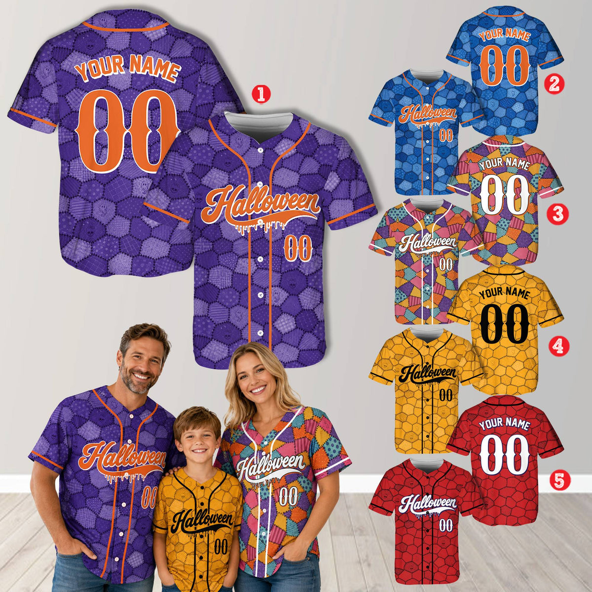 Personalized purple halloween baseball jersey, front view