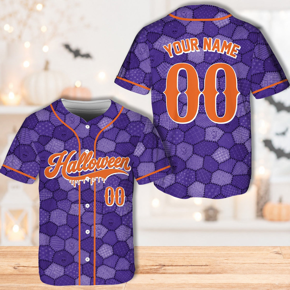 Personalized purple halloween baseball jersey, front view alternate