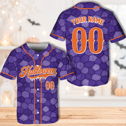 Personalized purple halloween baseball jersey, front view alternate