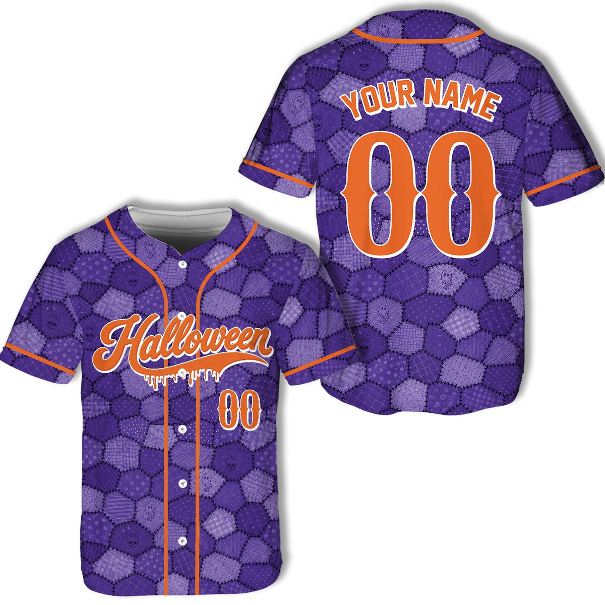 Personalized purple halloween baseball jersey with custom name and number, main view