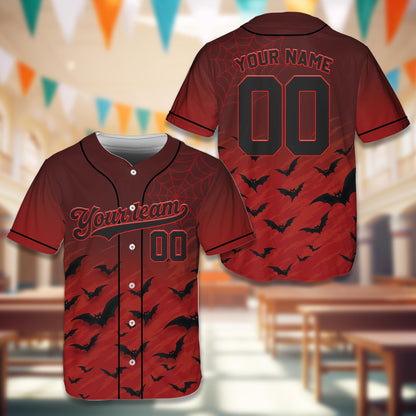 Red halloween baseball jersey with custom name and number, spiderweb and bats design, main view