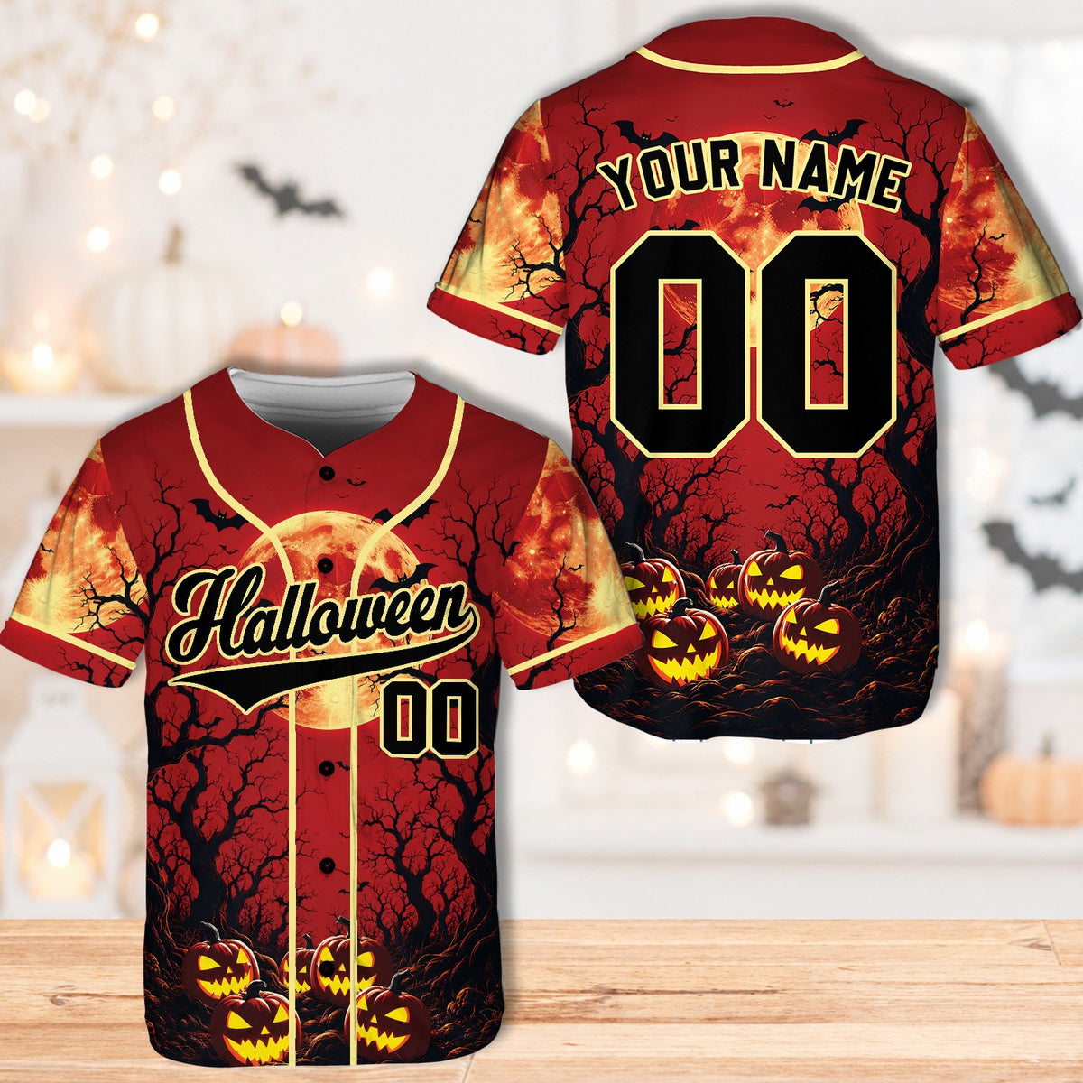 Front view of the personalized halloween baseball jersey in red
