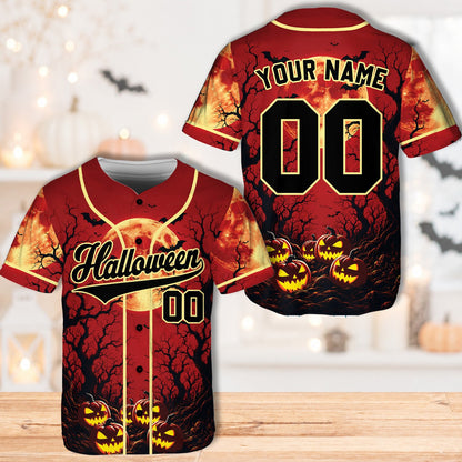 Front view of the personalized halloween baseball jersey in red