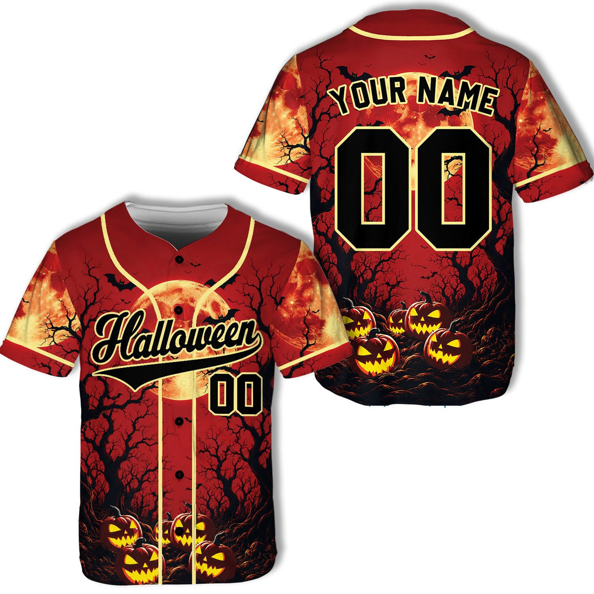 Alternative front view of the red halloween baseball jersey