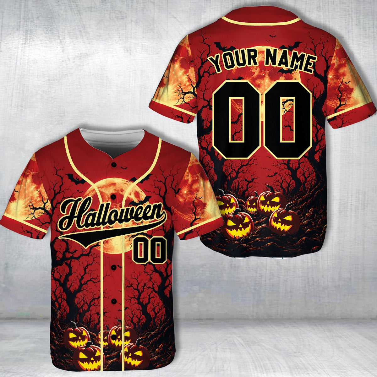 Detailed front view of the red halloween baseball jersey