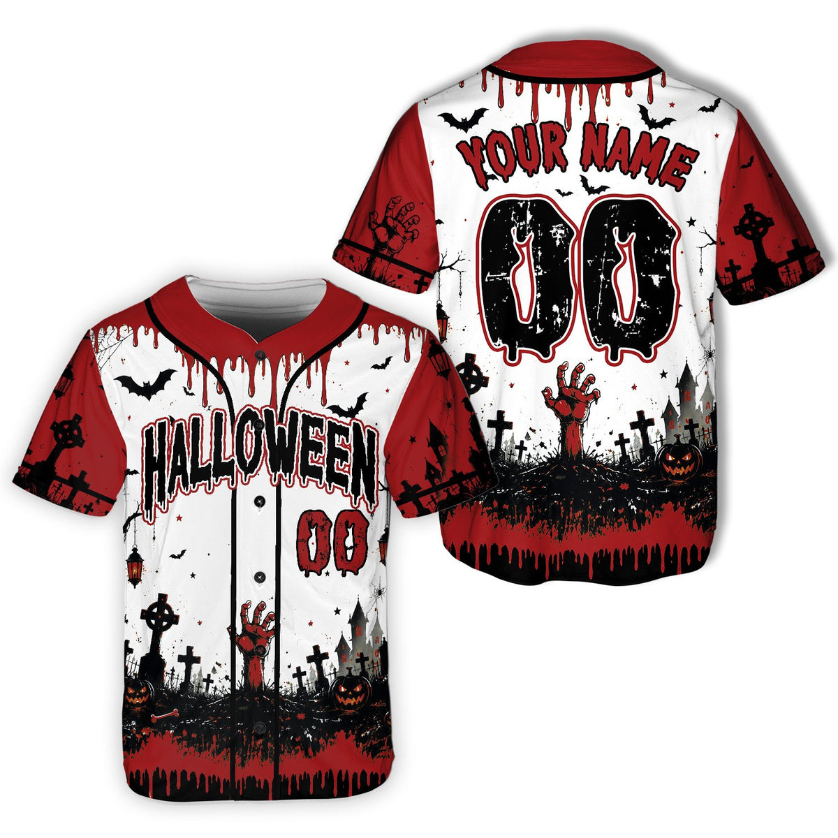 Halloween baseball jersey with blood drip and graveyard design, front view