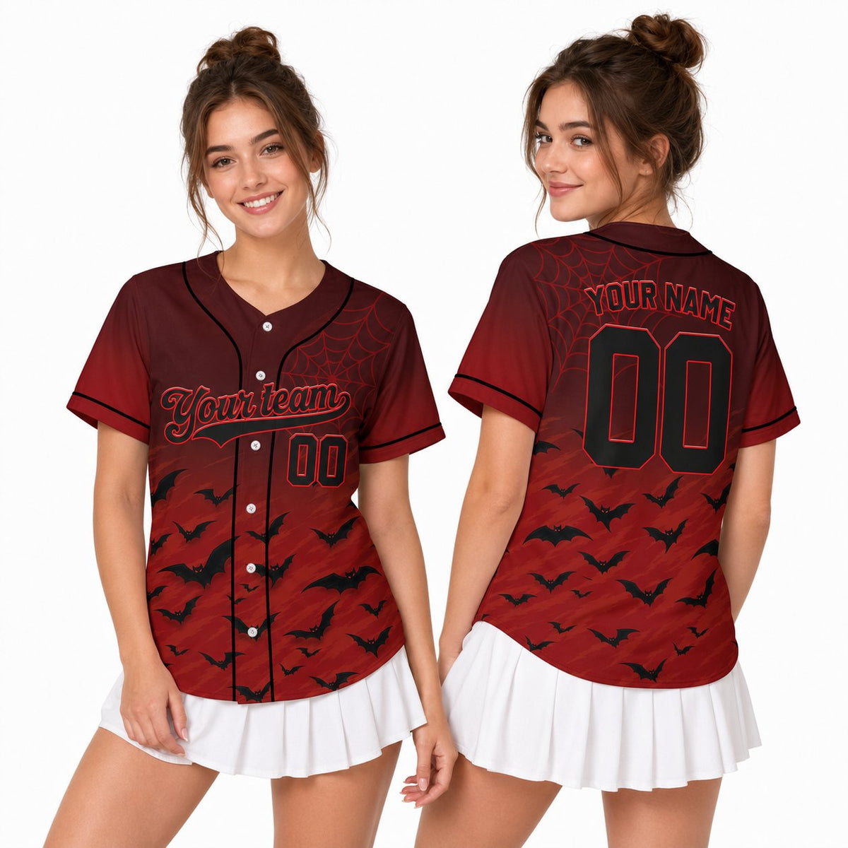 Lifestyle view of the red halloween baseball jersey worn by an adult