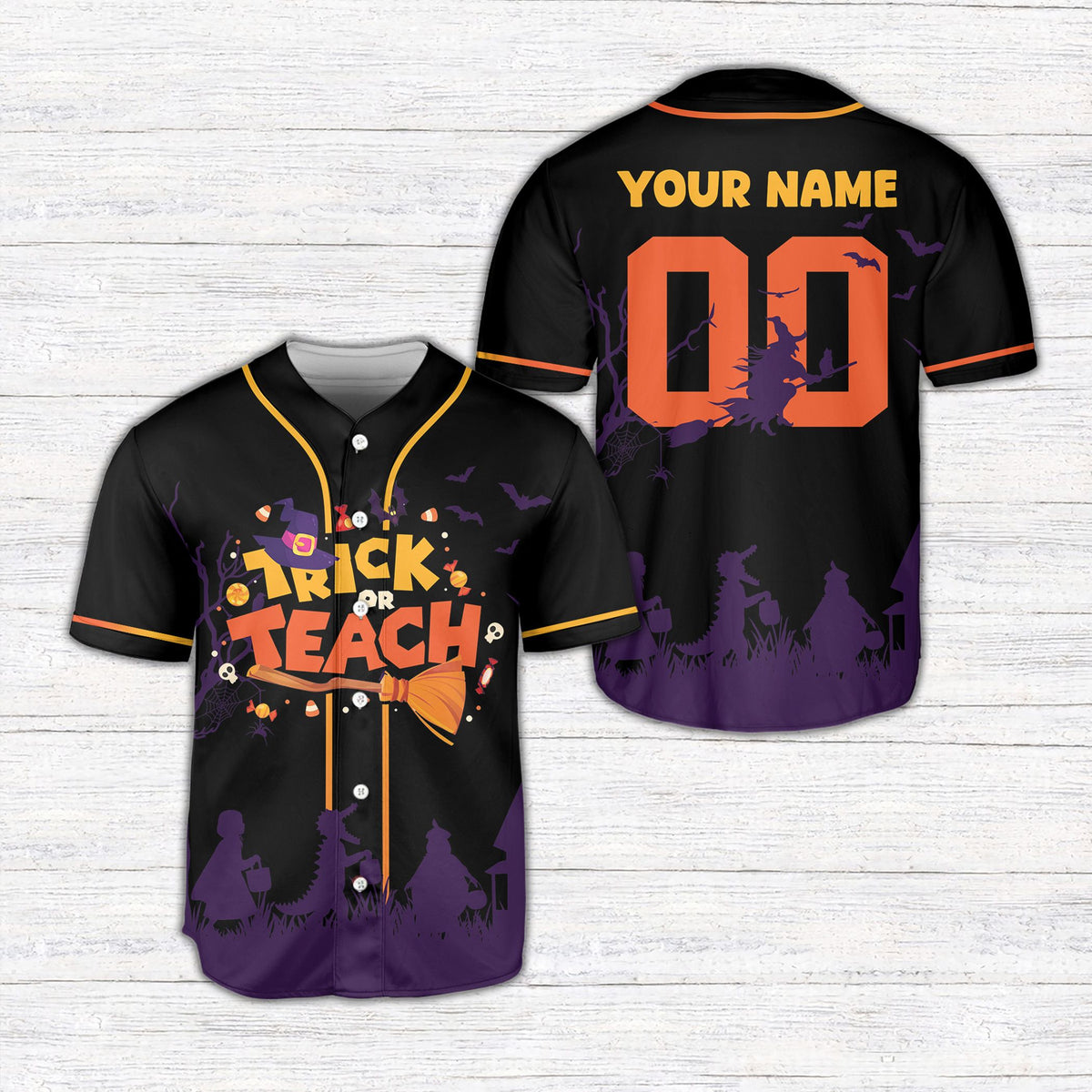 Custom halloween / teacher baseball jersey in black featuring trick or teach design on the front