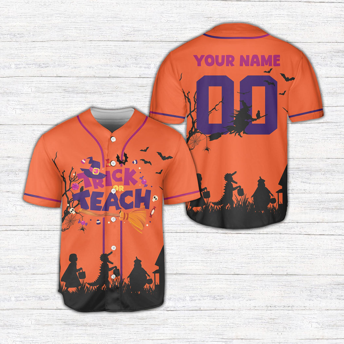 Orange front view of the personalized baseball jersey with trick or teach graphic