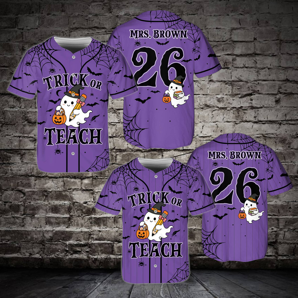 Front view of the purple Halloween teacher baseball jersey