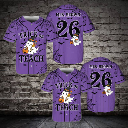 Front view of the purple Halloween teacher baseball jersey