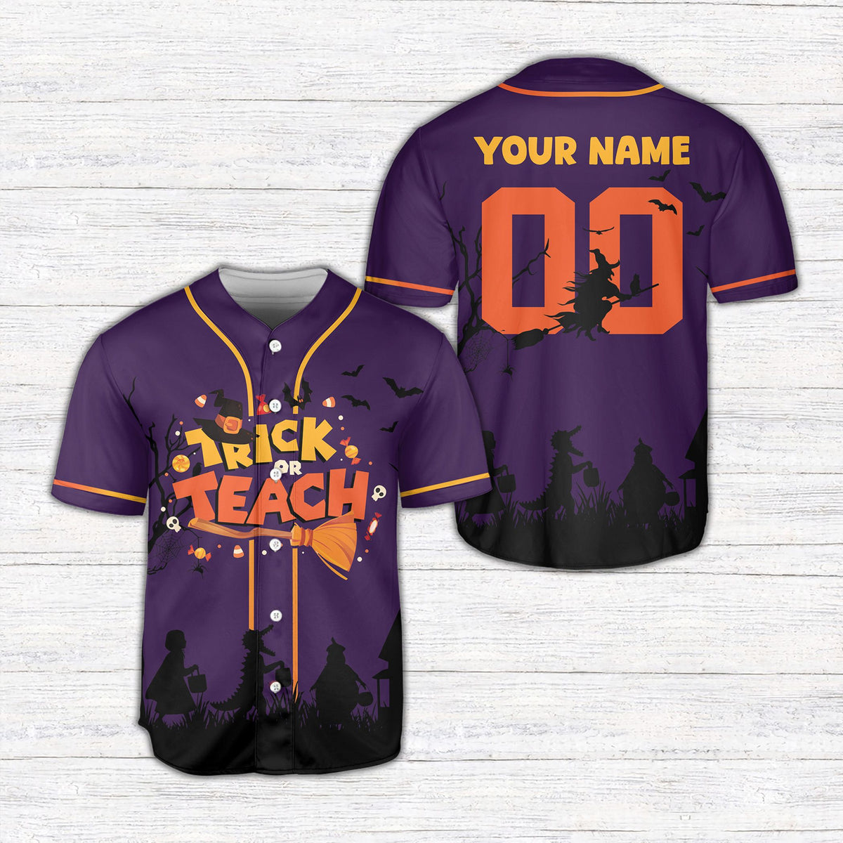 Purple front view of the custom baseball jersey with playful halloween elements