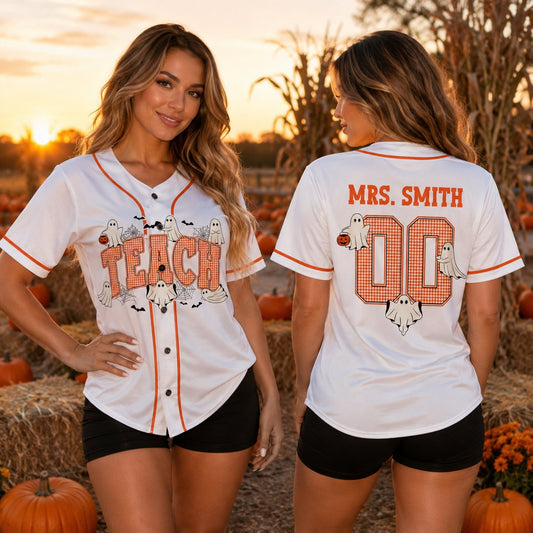 Personalized white Halloween teacher baseball jersey with custom name and number, main view