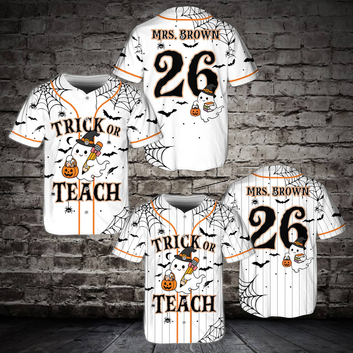 Personalized white teacher baseball jersey with Halloween ghost design, front view