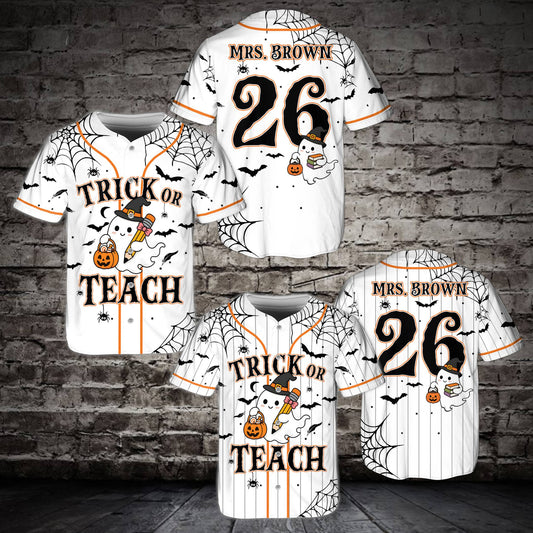 Personalized white teacher baseball jersey with Halloween ghost design, front view