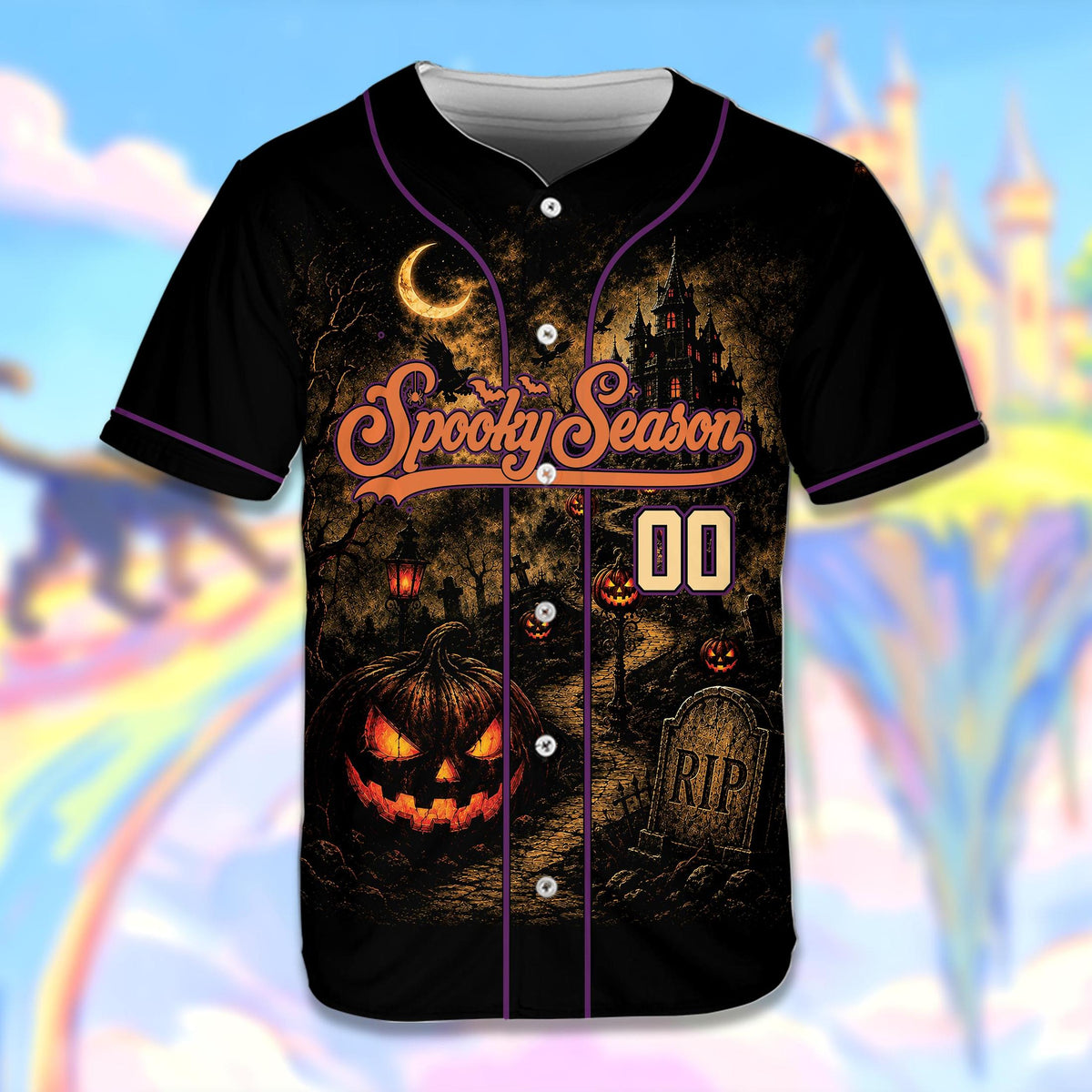 Angled view of the custom Halloween baseball jersey in black and orange