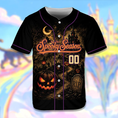 Angled view of the custom Halloween baseball jersey in black and orange