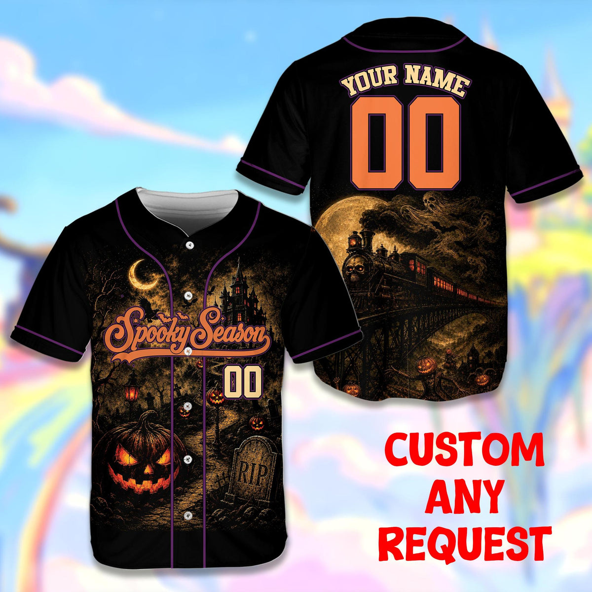 Back view of the personalized baseball jersey showing the haunted ghost train and custom number
