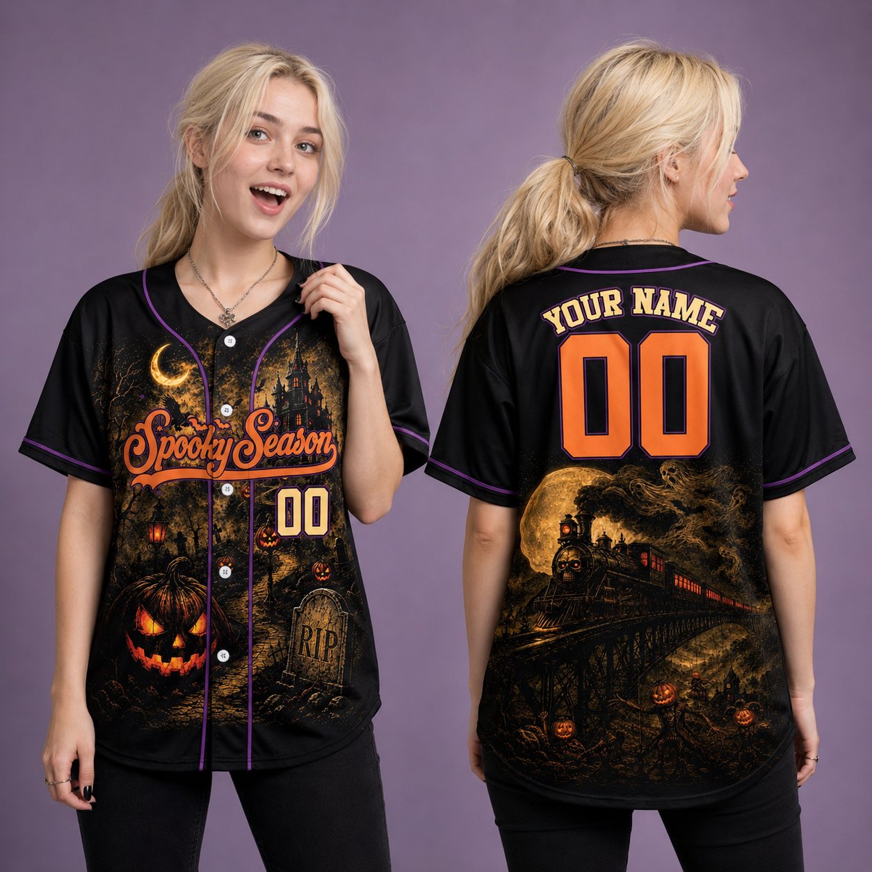 Close-up details of the tombstone and crescent moon on the Halloween themed baseball jersey