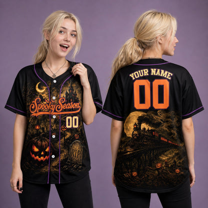 Close-up details of the tombstone and crescent moon on the Halloween themed baseball jersey