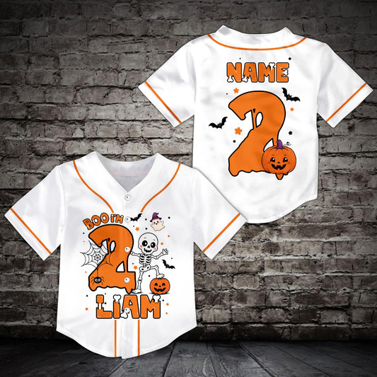 Main view of a white halloween baseball jersey featuring a ghost, skeleton, and custom name and number.