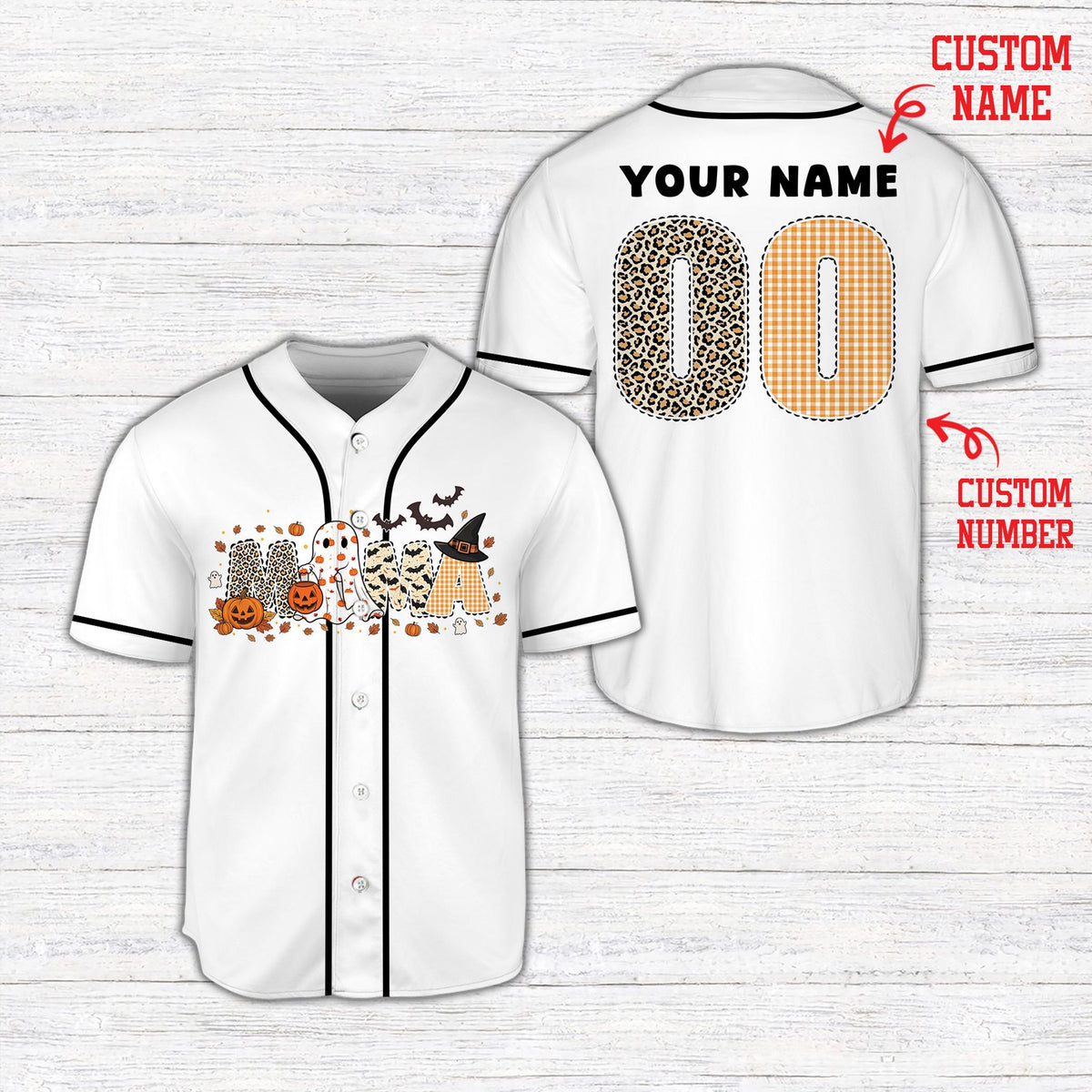 Main view of white personalized halloween baseball jersey with MAMA design and custom name placeholders