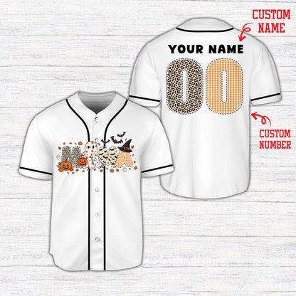 Main view of white personalized halloween baseball jersey with MAMA design and custom name placeholders