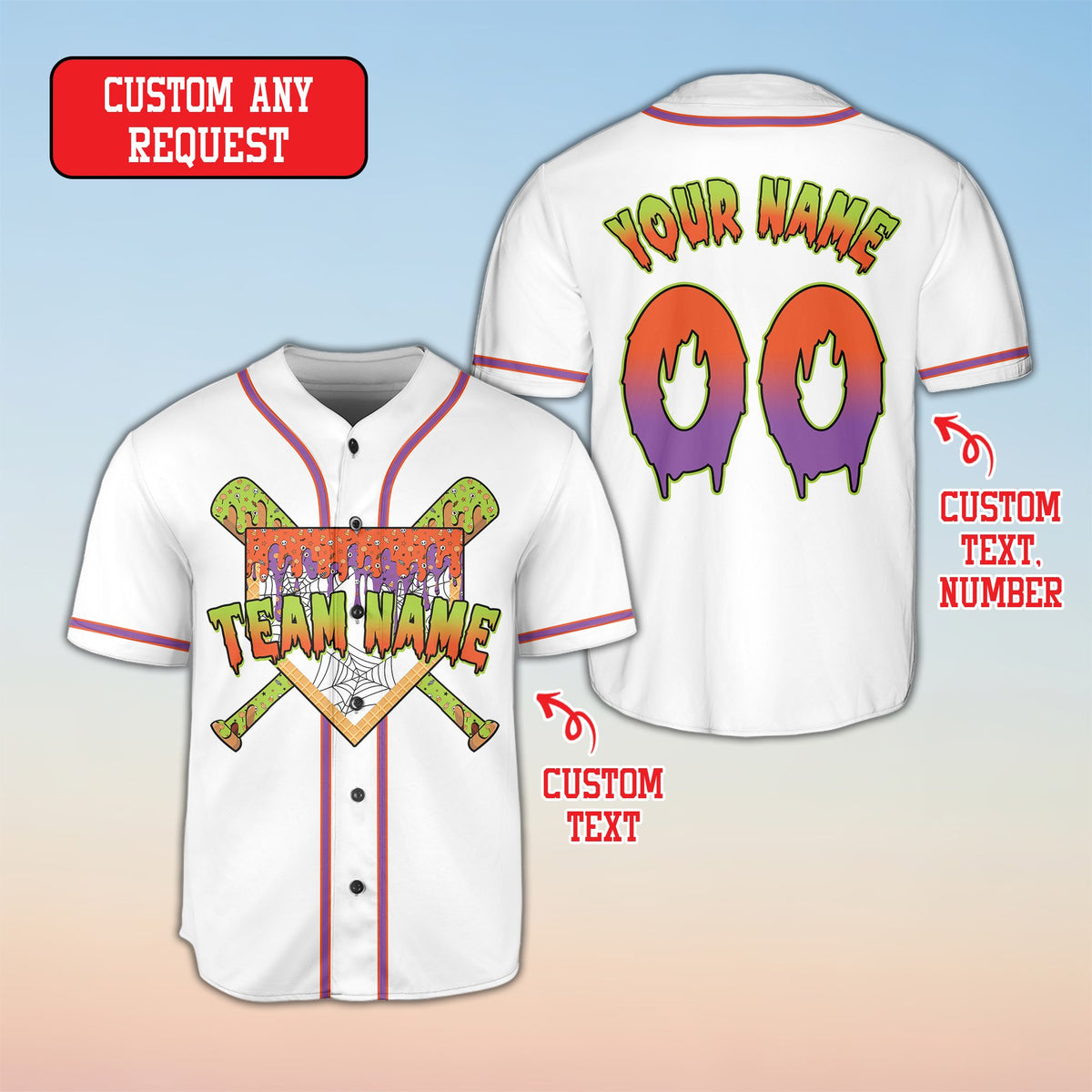 Personalized white halloween baseball jersey with custom name and number, front view