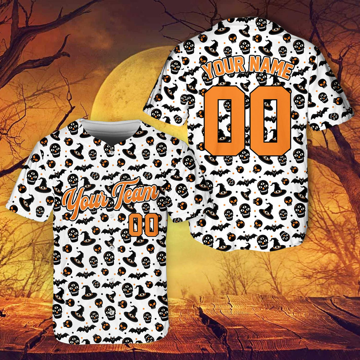 Alternate front view of the white personalized halloween baseball jersey