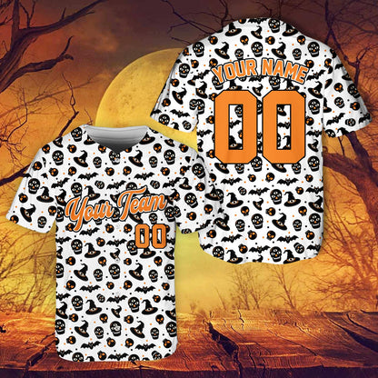 Alternate front view of the white personalized halloween baseball jersey