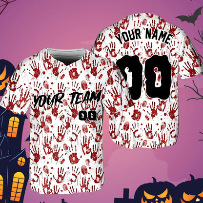 Front view of a white custom baseball jersey featuring bloody splatters