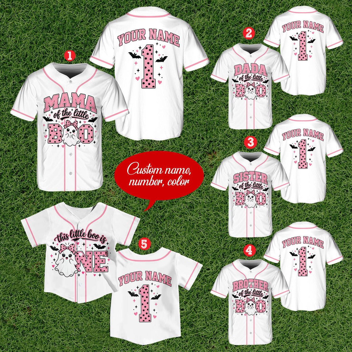 Custom baseball jersey with pink and black polka dot letters, front view