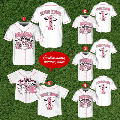 Custom baseball jersey with pink and black polka dot letters, front view