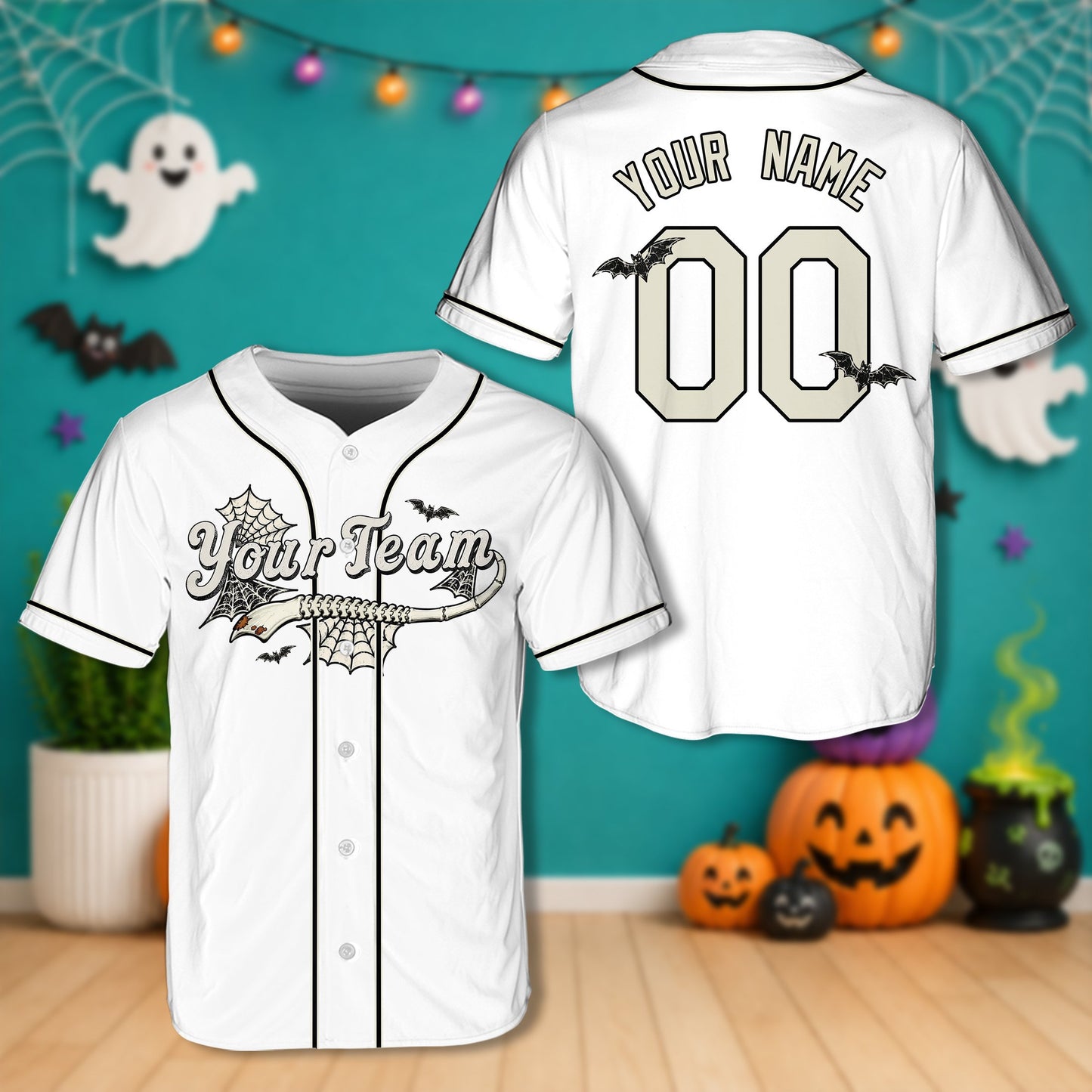 Personalized white Halloween baseball jersey with bone bat design, front view