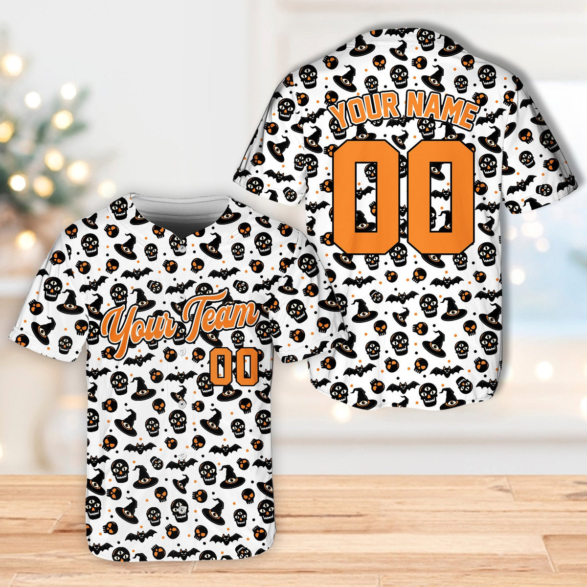 Close-up front view of the white halloween baseball jersey custom design