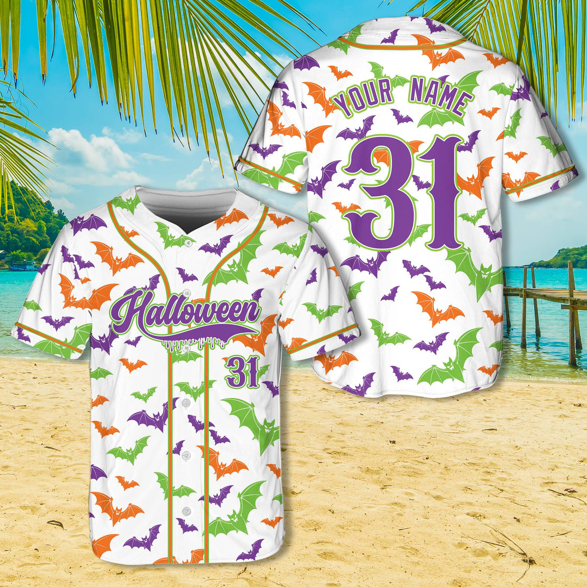 Personalized white halloween baseball jersey featuring custom name and number, front view