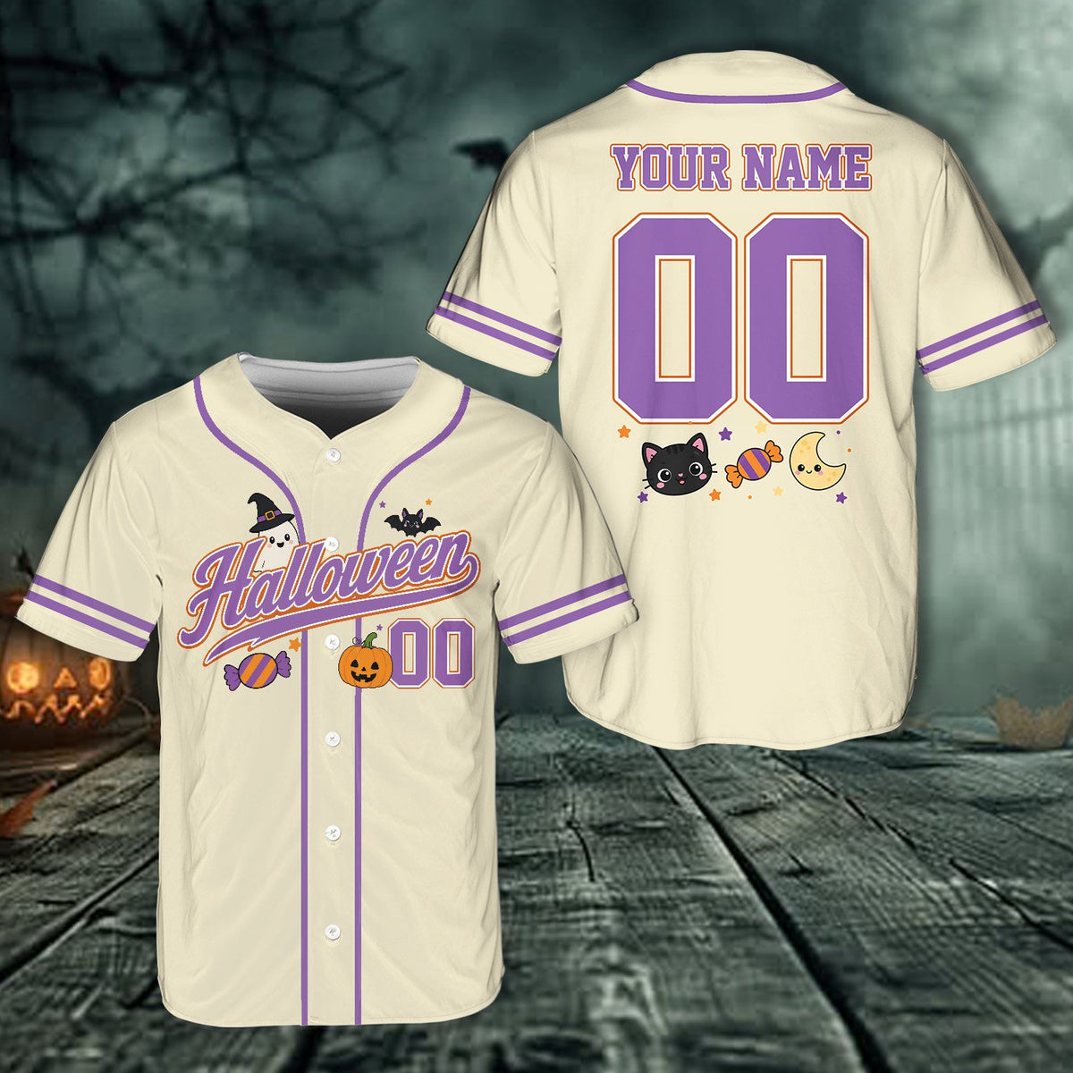 White personalized baseball jersey with cute halloween illustrations, front view