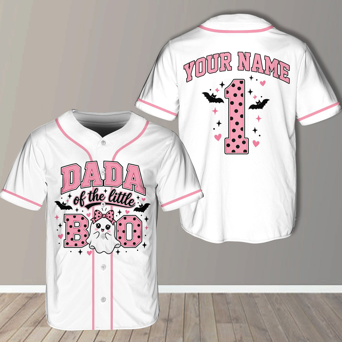 White polyester baseball jersey with halloween graphics, front view