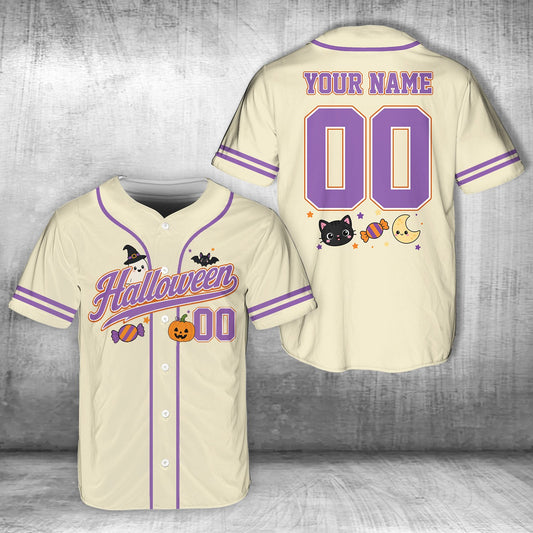 White halloween baseball jersey with custom name and number featuring a ghost and jack-o'-lantern, main view