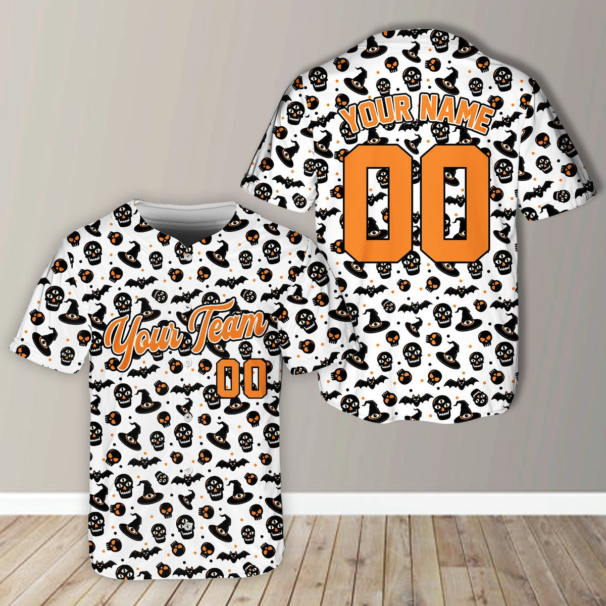 Main view of the personalized halloween baseball jersey in white with cartoon skull and bat pattern
