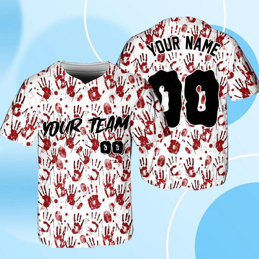 Main view of personalized halloween baseball jersey in white with bloody handprints and custom name